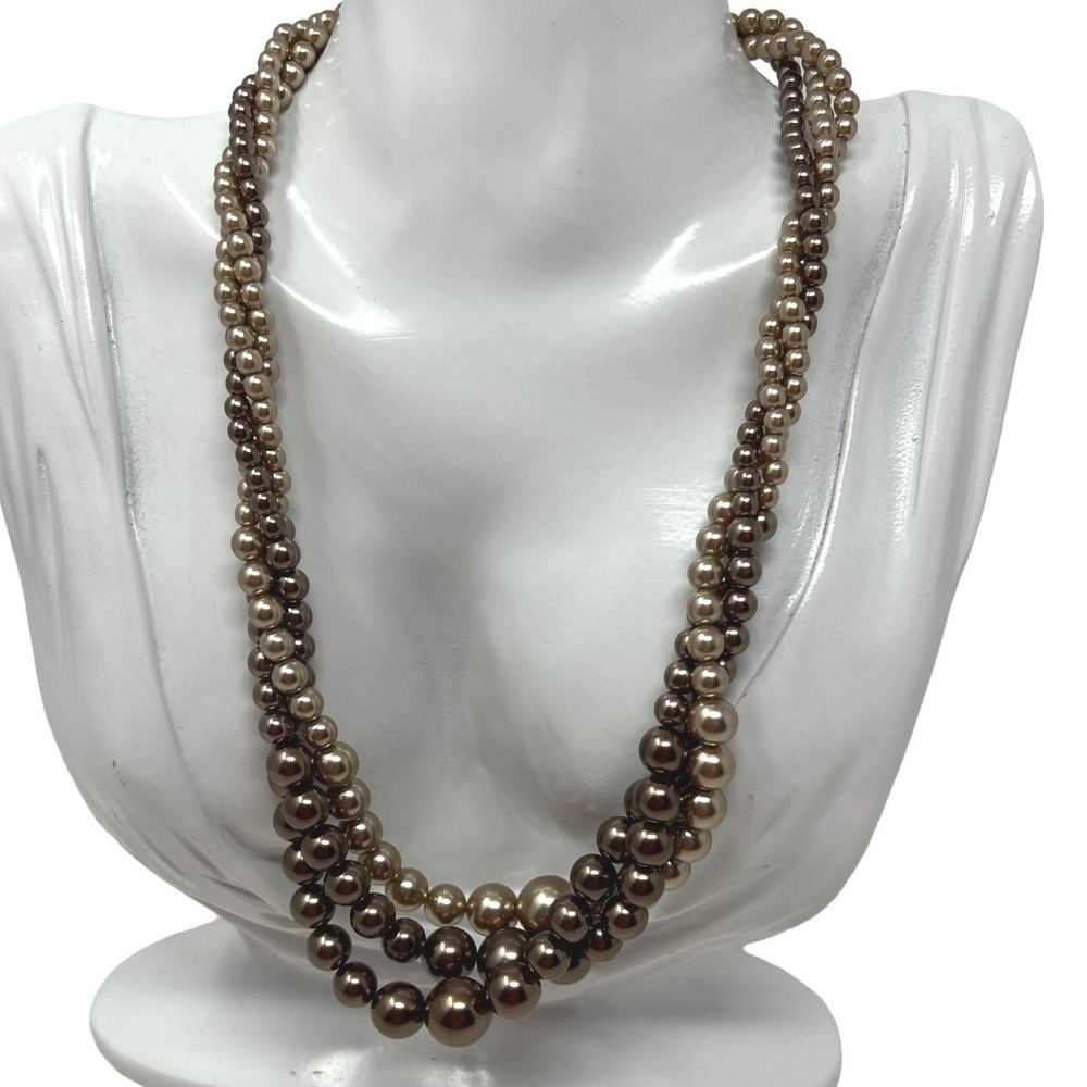 Vintage Romans Faux Pearl Necklace Three Strand Brown and Bronze